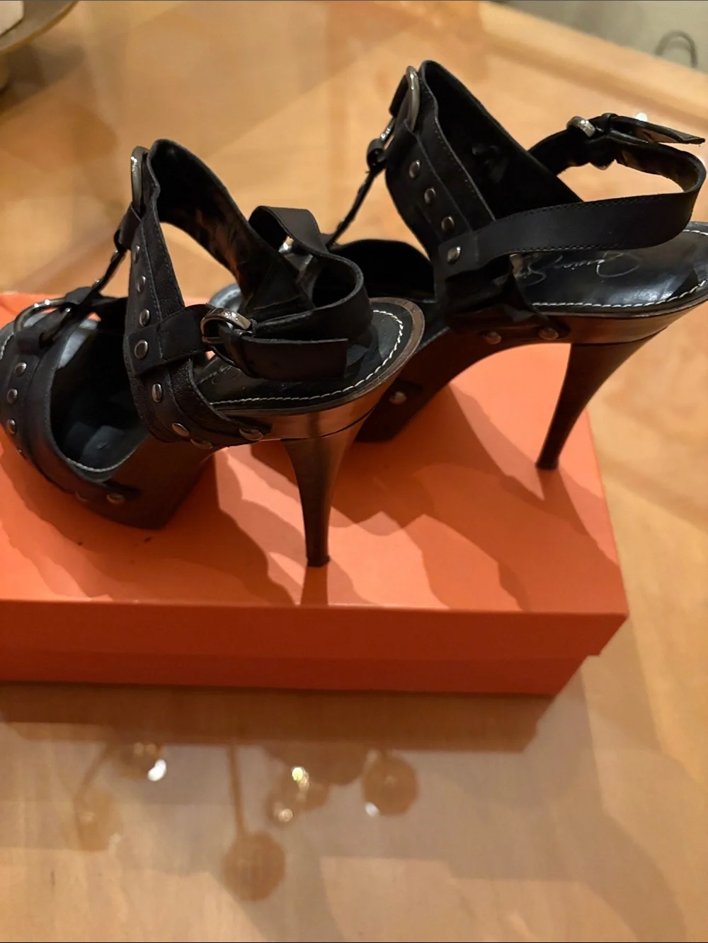 Jessica Simpson Black Studded T-Strap High Heel Sandals